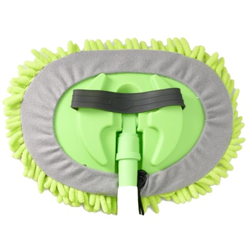 2-in-1 Car Wash Mop Mitt with Long Handle, Chenille Microfiber Car Wash Dust Brush Extension Pole Adjustable Length 24in-46in, Scratch Free Tool for Cleaning Truck, Total 2 Pcs Replacement Mop Head