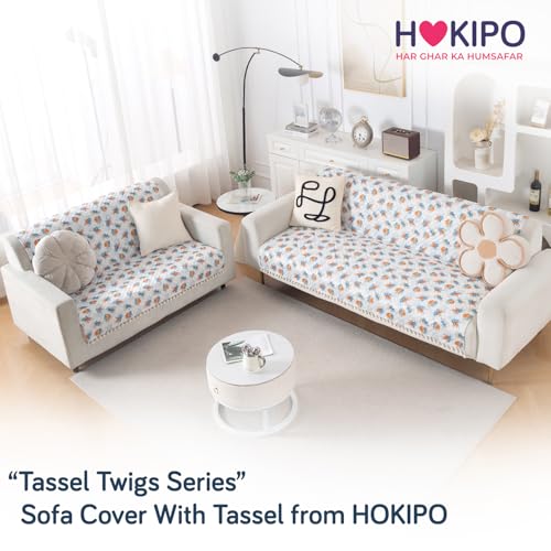 Image of HOKIPO Abstract Petals Quilted Sofa Cover 5 Seater with Tassels - (3+2) for Seat & Back | 'Tassel Twigs' Series (IN-991-T10 + IN-990-T10)