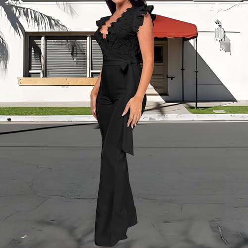 Image of PaladMom Womens Elegant Plus Size Jumpsuits Sexy Back zipper Short Sleeve Mid Waist Wide Leg Straight Rompers