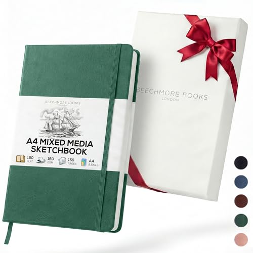 Beechmore Books A4 Sketchbook – 8.5x11 Premium Vegan Leather Bound Large Sketch Book Hardcover with 156 Thick 160gsm Perforated Ivory Pages, Blank Sketch Pad, Gift Boxed, Back Pocket, Ribbon Bookmark