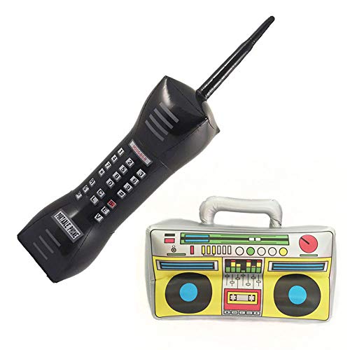 Zunate Radio Boombox Gonfiabile Set di Telefoni Cellulari Realistico Anni '80 e '90 Oggetti di Scena per Divertenti Cosplay o Costumi da DJ di Halloween Materiale Durevole in PVC/Grigio Argento
