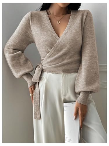 SOLY HUX Women's Long Sleeve V Neck Wrap Belted Sweater Elegant Office Knitted Crop Tops Fall Outfits2