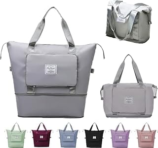 شنطة دفل للسفر قابلة للتوسيع ومقاومة للماء - خفيفة الوزن وقابلة للطي للنساء لعطلة نهاية الاسبوع - سعة كبيرة للسفر وصالة الالعاب الرياضية، رمادي، قياسي، سادة