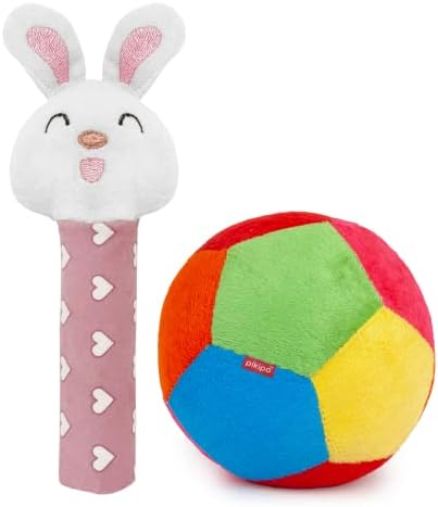 Pikipo Soft Ball (Small, 11Cm) and Bunny Face Soft Rattle Combo - Polyester, Softball, Pink