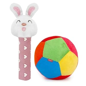 pikipo Soft Ball (Small, 11Cm) and Bunny Face Soft Rattle Combo – Polyester, Softball, Pink