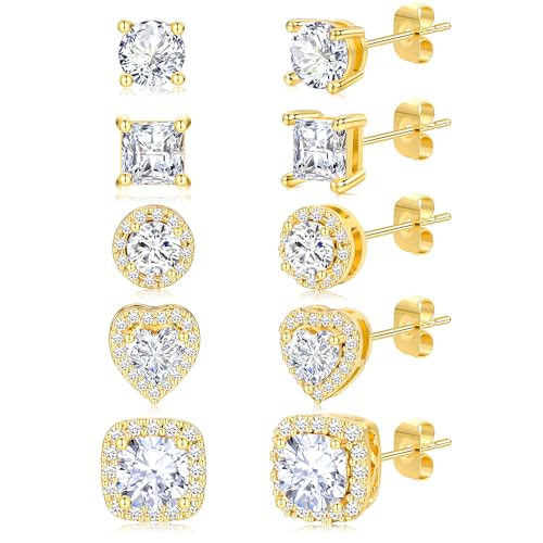 Image of 5 Pairs 14K Gold Plated Stud Earrings for Women, Hypoallergenic Earring Sets for Multiple Piercing, Premium Cubic Zirconia Studs Earrings for Women