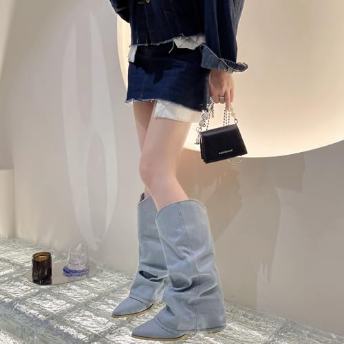 Women's Denim Block Heel Fold Over Knee Boots Fashion Pull On low chunky heel Casual Long Boots Y2K Cowgirl Wide-Calf Boots 5