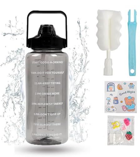 Image of 2 L Capacity Water Bottle Transparent Motivational Water Bottles with Time Marker Leak proof & break-proof With straw,3D Sticker,2D Stickers, Bottle cleaner Brush (Black)