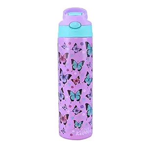 Smily Kiddos Stainless Steel Insulated Water Bottle for Kids 600ml - Butterfly Theme Purple| Hot and Cold | Double Walled Vacuum | Thermos Flask with Sipper (Purple).