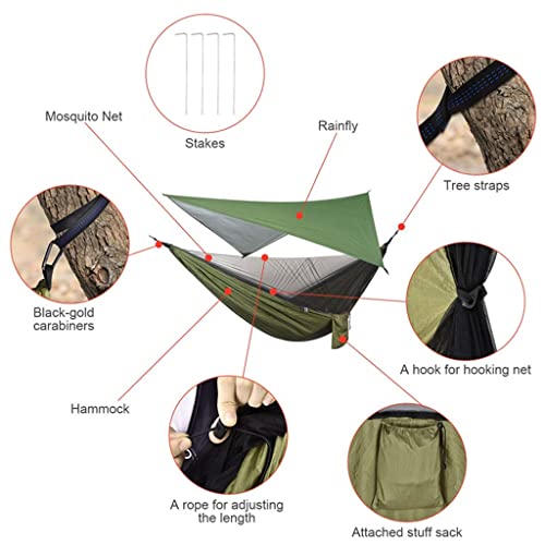 Amaca da campeggio doppia con telo impermeabile e zanzariera, leggero, portatile, in nylon, 400D, per escursioni e viaggi, attrezzatura da campeggio essenziale