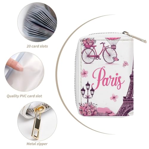 Pu Leather Credit Card Holder for Women, Slim Card Organizer Case Money Bag with 20 Slots Pink Paris Eiffel Tower Zipper Mini Wallet4