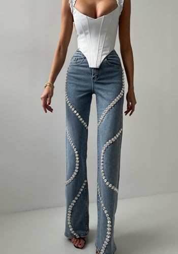 Unybwonn Women High Waist Jeans Rhinestone Trim Bling Baggy Denim Pants Y2k Straight Wide Leg Trousers Streetwear2
