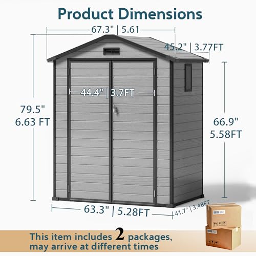 Image of 6X4FT Plastic Storage Shed with Floor, Resin Storage Shed with Drainage Channel & Lockable Door, Outdoor Plastic Sheds Suitable for Bikes, Furniture, Gardening Tools
