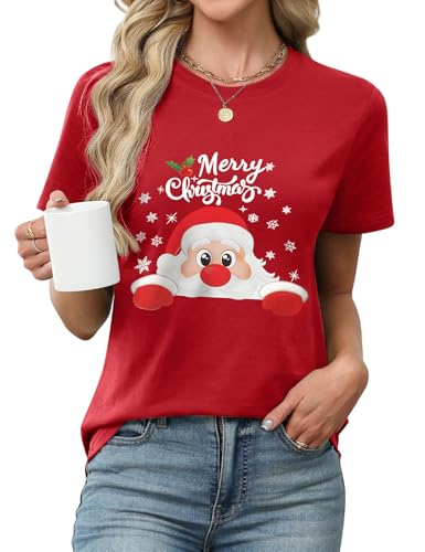 PASUDA Weihnachts T-Shirt Damen Merry Christmas Bedruckte T-Shirts Lustiges Weihnachten Tshirt Rundhals Baumwolle Lässige Kurzarm Holiday Oberteile...