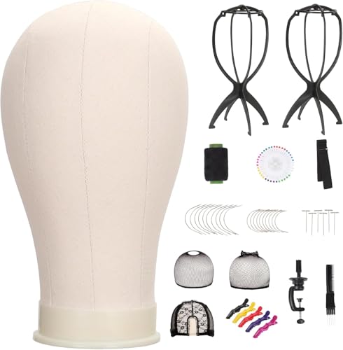 Canvas Wig Head with Adjustable Stand, Mannequin Head for Wig Styling & Display, Includes Tripod Stand, Clamp and Full Styling Accessories Set (Beige)