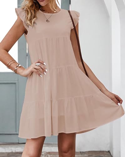KIRUNDO Women's Summer Dresses 2026 Sleeveless Ruffle Sleeve Round Neck Solid Loose Short Flowy Pleated Mini Babydoll Dress(Apricot, Medium) — view 3