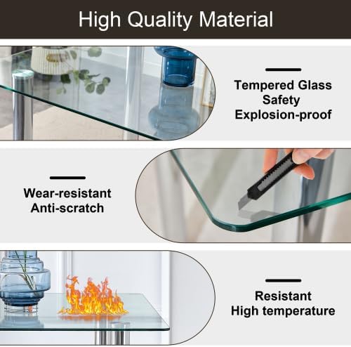 Miniatura 6 de Wekity Mesa de comedor moderna y minimalista de cristal, escritorio de vidrio templado transparente con patas de metal plateado para restaurantes y