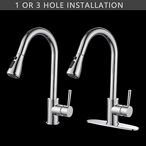 Kitchen Sink Faucet with Pull down Sprayer Chrome, Single Handle High Arc Pull out Kitchen Faucets, Single Level Solid Brass Bar Kitchen Faucet with Deck Plate