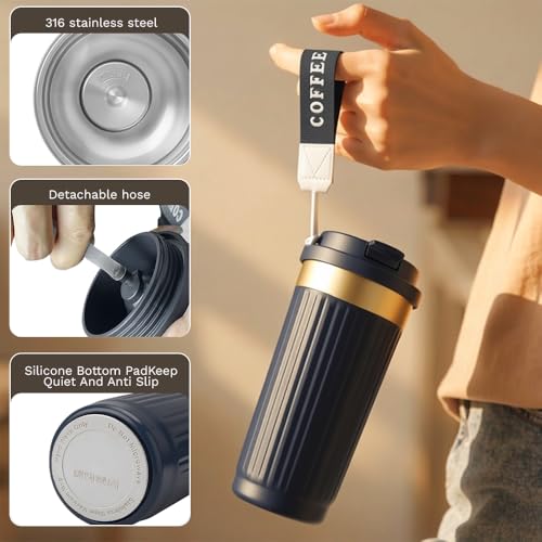 Image of Vacuum Insulated Stainless Steel Travel Coffee Mug,Leak Proof Cup with Lid | 304 stainless steel mug with vacuum insulation, leak proof lid, silicone grip and car cup holder friendly design