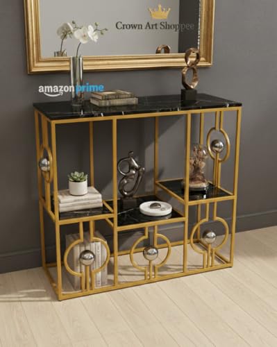 Image of Console Table with Storage, Modern Engineered Wood, Gold Metal Frame with Decorative Spheres, 30x30x7.5 Inch (Black Gold)