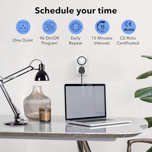 HBN 24 Hour Programmable Mechanical Timer Plug Switch, Energy Saving UK Plug-in Indoor Timer Socket for Lights, Lamp and Home Appliances (13A/3120W, 2 Pack) - 6