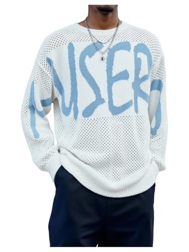 Men's Long Sleeve Crochet Sweaters Hip Hop Letter Graphic Crew Neck Baggy Knit Pullover Tops