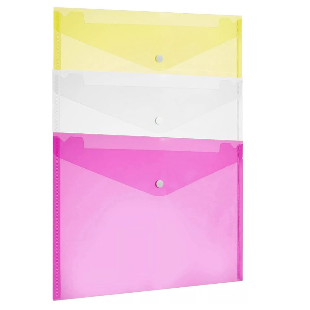 Sixstore A4 Plastic Stud Document Wallets Files Folders Filing Colour Assorted 3 Pack