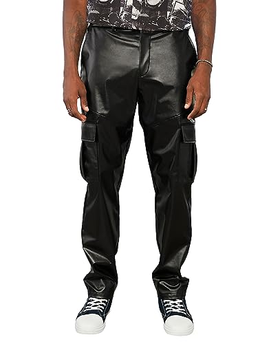 WDIRARA Men's High Waist Button Pu Leather Party Club Long Pants with Pockets