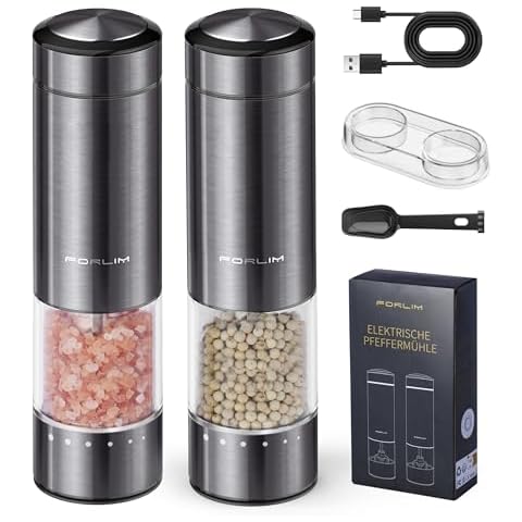 FORLIM Rechargeable Electric Salt and Pepper Grinder Set - Automatic One-Handed Operation Mill with Light (2 Mills) - Electronic Adjustable Shakers - Ceramic Grinder - Gunmetal Gray Cover