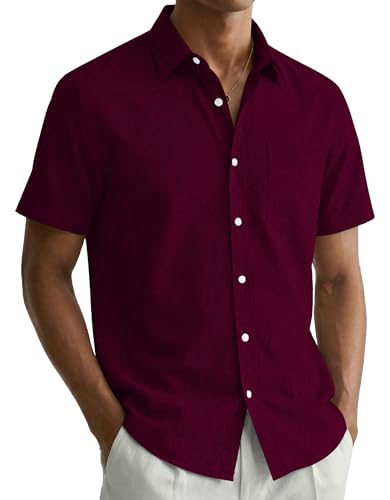 COOFANDY Mens Shirts Short Sleeve Summer Shirt Regular Fit Casual Shirts Holiday Shirt with Pocket Wine Red L