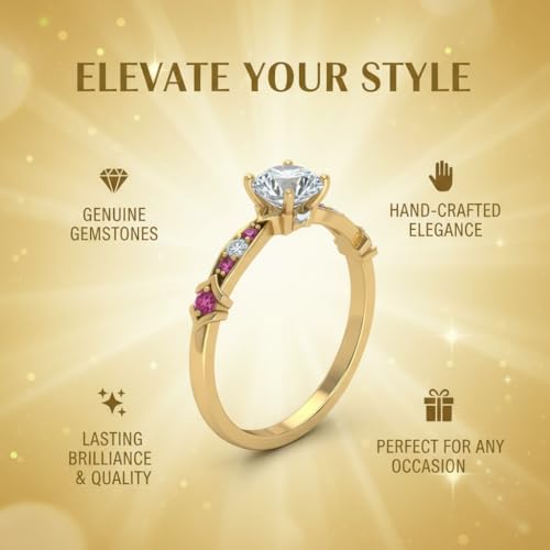 Image of Choose Your Gemstone Petite Pave Diamond CZ Engagement Ring Yellow Gold Plated Round Shape Petite Engagement Rings Minimal Modern Design Birthday Gift Wedding Gift US Size 4 to 12