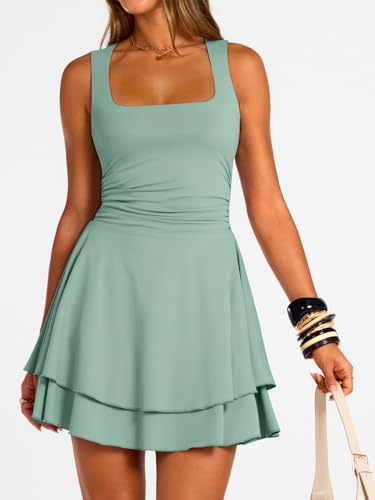 Image of Trendy Queen Women's Square Neck Summer Party Flowy Ruffle Hem Ruched Waist Mini Dress