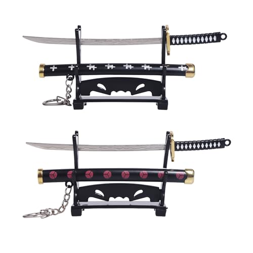 Gebiuhoo 2 llaveros de Katana para fans de One Piece, 15 cm, decoración de Katana con vaina de espada y 2 soportes para cuchillos, para presentación o como llavero