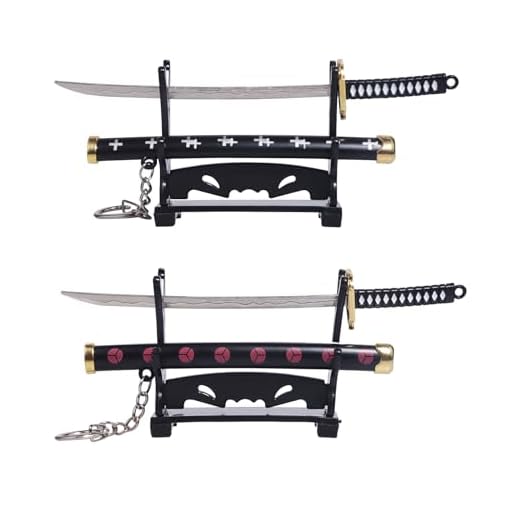 Gebiuhoo 2 llaveros de Katana para fans de One Piece, 15 cm, decoración de Katana con vaina de espada y 2 soportes para cuchillos, para presentación o como llavero