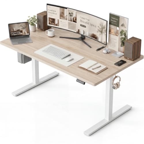 Image of Grandder 63x32 Large Electric Standing Desk, Height Adjustable Computer Desk with 2 Memory Presets, 31.5 inch Deep Desktop Sit Stand Desk Home Office Desk Workstation Table with Hooks, Light Walnut