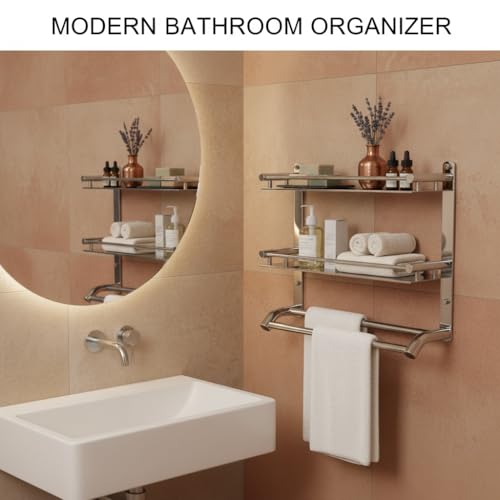 Image of Filox Stainless Steel 2-Tier Bathroom Shelf with Towel Rod | Wall Mounted Multipurpose Bathroom Rack Organizer | Rust Proof Storage Shelf for Toiletries | Heavy Duty Bathroom Accessories Holder