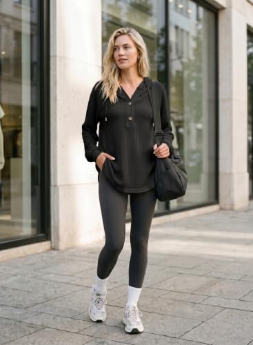 Image of Dokotoo Hoodies for Women Waffle Knit Button V Neck Casual Sweatshirt Tops