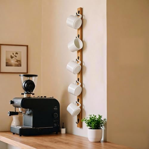 Yohsnor Wall-Mounted Coffee Mug Rack - 6-Hook Solid Wood Cup Holder for Kitchen Cabinet...