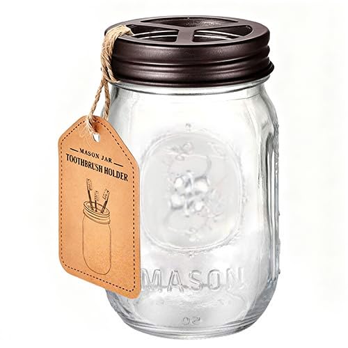 Komashr Mason Jar Toothbrush Holder – Bronze – with Genuine Glass 16 Ounce Mason Jar for Regular Mouth Mason Jar ， Premium Rust-Proof 304 Stainless Steel - Rustic Farmhouse Decor Bathroom Accessories