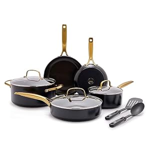 Blue Diamond Gold 10 Piece Cookware Set,Ceramic Nonstick, PFAS Free, PFOA Free, Induction Suitable, Dishwasher Safe, Gold Handle, Black
