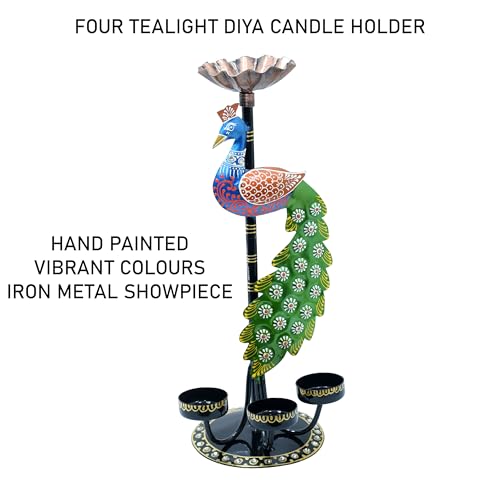 Image of Kraftskala Tea Light Candle Holder Decorative Peacock Showpiece Metal Figurine 4 Candle Diya Burner Slots for Living Room, Diwali Gifts, Home Decor