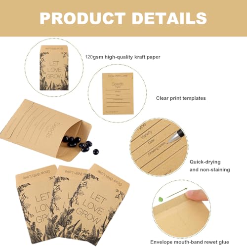 JYNVO 50 kleine, wiederverschließbare Samenpakete aus braunem Kraftpapier mit Klebemünzenumschlägen zur Aufbewahrung von Samen und Blumen