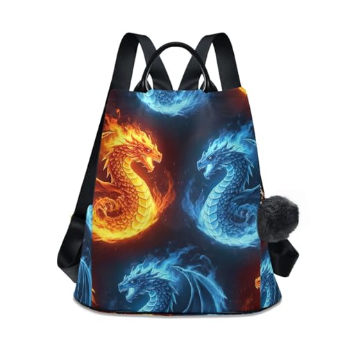 Mochila antirrobo para mujer con diseño de dragones de fuego y hielo y pompón