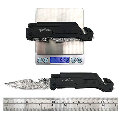 ALBATROSS 6-in-1 Modern Damascus Steel Folding Pocket Knives with LED Light,Seatbelt Cutter,Glass Breaker,Magnesium Fire Starter,Bottle Opener;Multi-Function Emergency Tool(Black-DA)