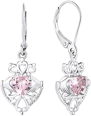 JO WISDOM Women Earrings,925 Sterling Silver Celtic Claddagh Heart Leverback Dangle & Drop Earrings with 3A 6 * 6MM Heart Zirconia