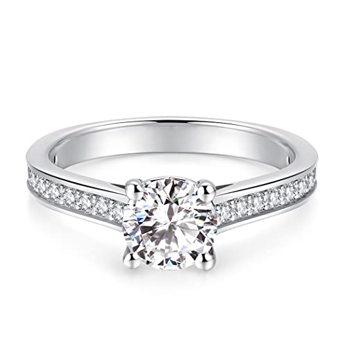Petite Pavé 1ct Round Brilliant Cut Solitaire Moissanite Engagement Ring Silver Moissanite Engagement Rings for Women D Color VVS Moissanite Ring