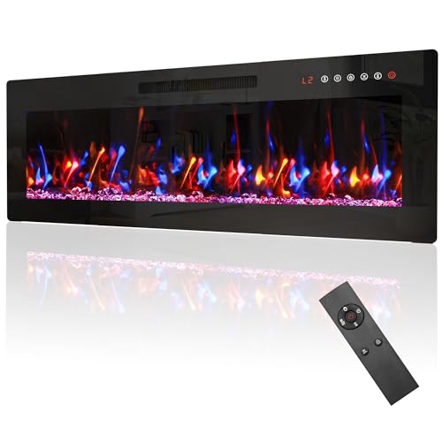 BREEZEHEAT 60 inch Electric Fireplace Inserts-Recessed Fireplace for TV Stand-Wall Fireplace with Remote Control, 12 Flame Colors, 5 Brightness, 1-8H Timer, Overheat Protection, 750/1500W