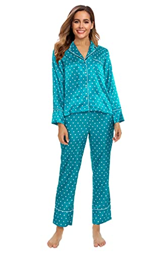 Alcea Rosea Ensemble de pyjama en satin pour femme - Manches longues et boutons - S-XXL, Tache verte., L Cover