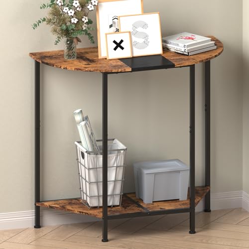 Halbrund Konsolentisch, 83 cm Beistelltisch, Schmaler Flurtisch mit 2 Ablagen, Kleiner Ausstellungstisch, Holz Wohnzimmertisch für Wohnzimmer, Schlafzimmer, Eingang, Flur, Vintagebraun-Schwarz
