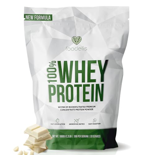 Foodelis Whey Protein 1 kg Chocolate Blanco | 33 Dosis de Proteína en Polvo con Aminoácidos Esenciales | Para Masa Muscular y Recuperación Rápida | Alta Solubilidad y Fácil Digestión